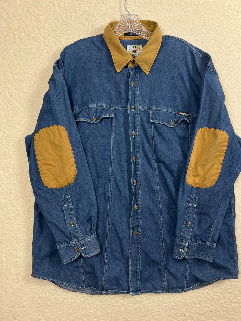 Cutter & Buck Shirt Mens Sz 1XB Denim Long Sleeve Elbow Patches Chambray Vintage